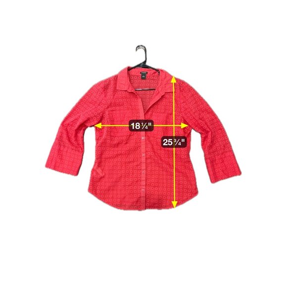 Ann Taylor Red Patterned Sz 12 Sheer Button-Down Blouse 3/4 Sleeve Lightweight - Picture 6 of 9